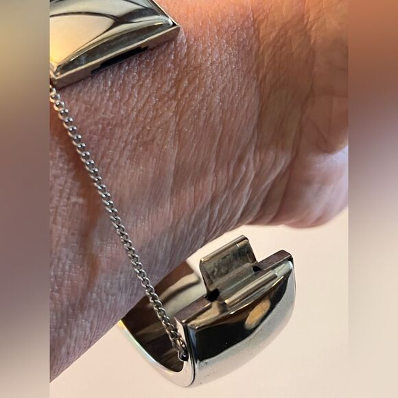 Vintage Silver Hinged Bangle Bracelet silver tone with chain chunky classic - Picture 9 of 12